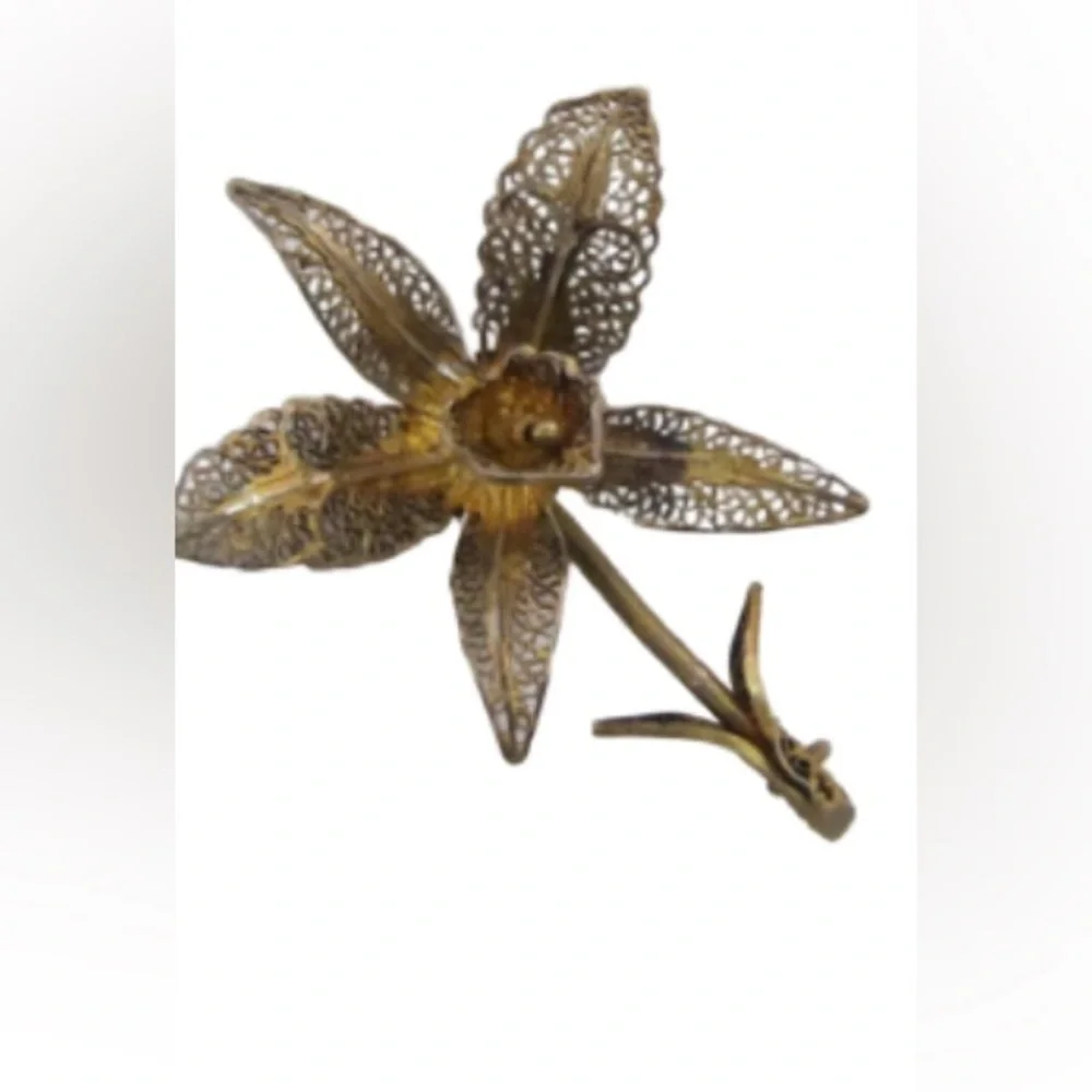 Vintage Gold Vermeil Silver Orchid Filigree Brooch
